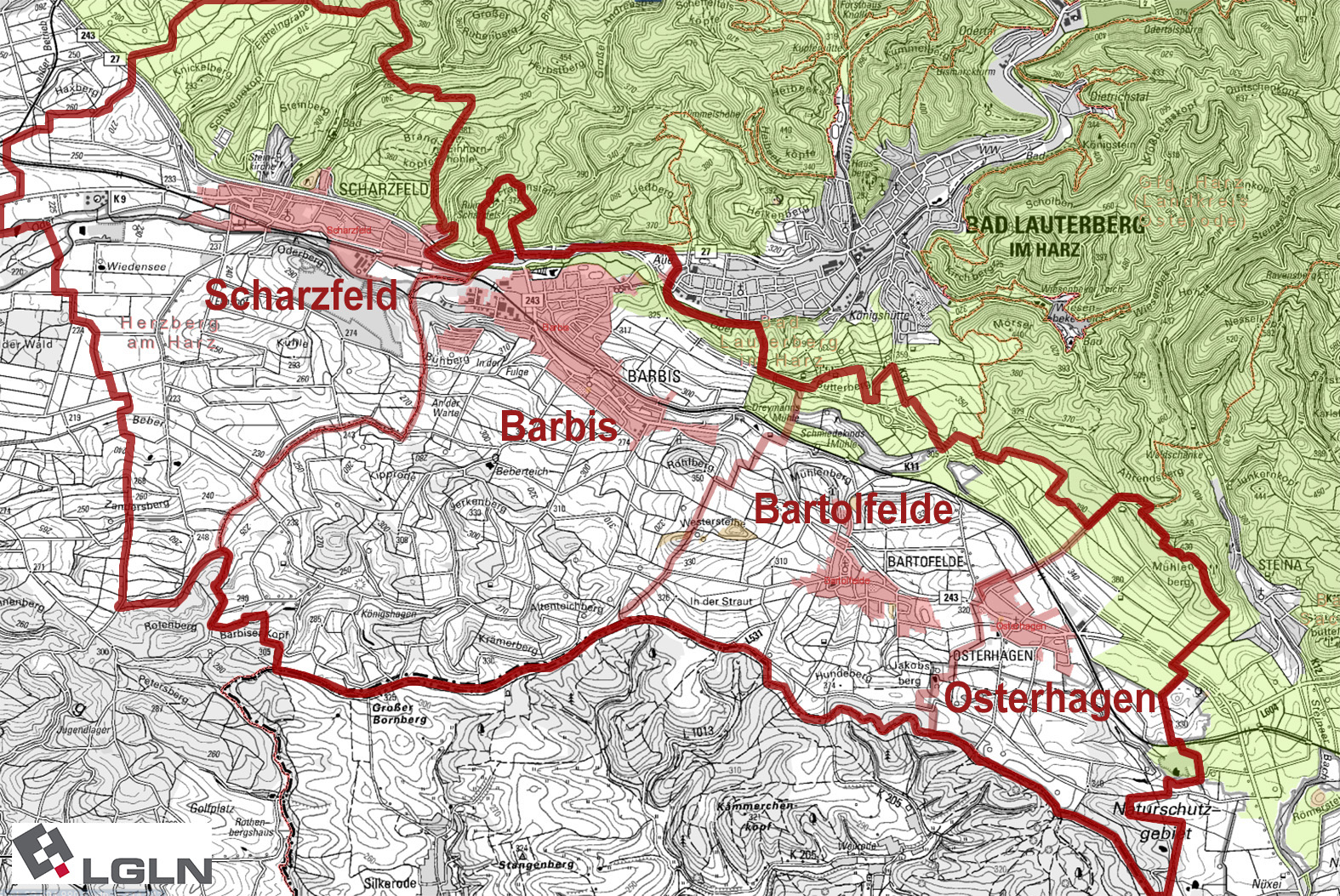 Dorfregion Südharz (Karte: Topographische Grundkarte M. 1/50.000 – © LGLN 2015)
